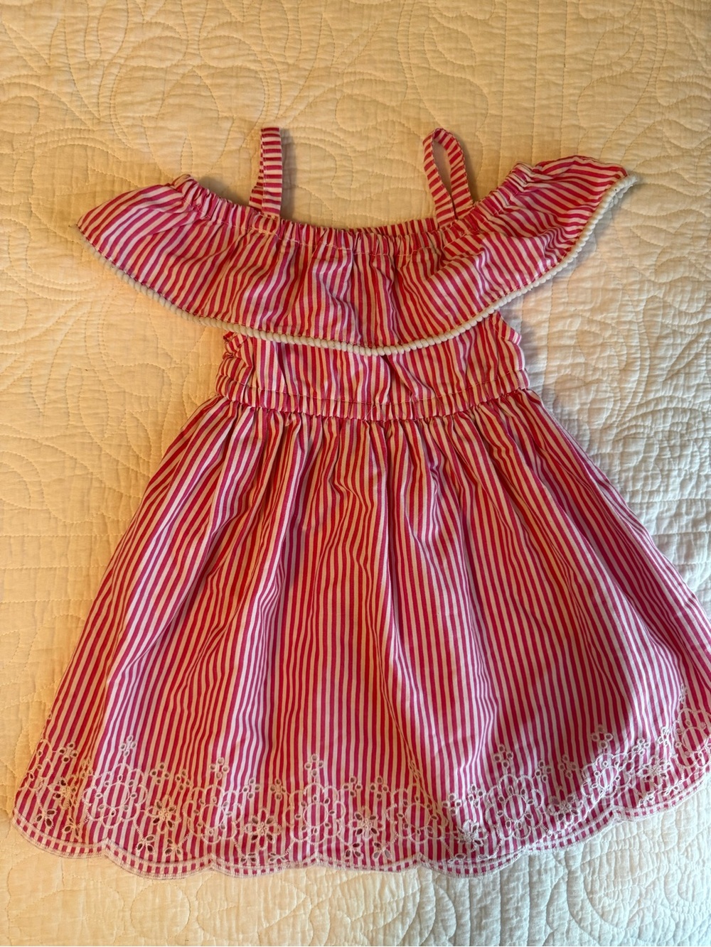 Penelope Pink White Stripe Striped Off-Shoulder Dress Scallop Hem Embroidery